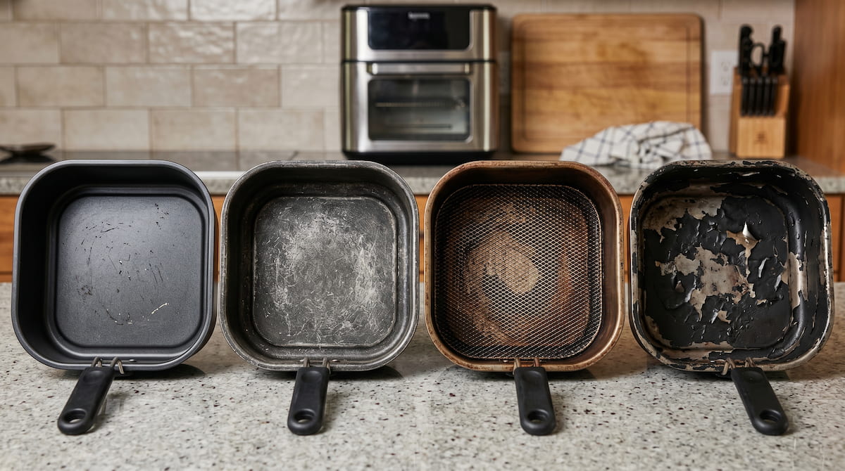 Different stages of air fryer basket wear from scratches to peeling coating