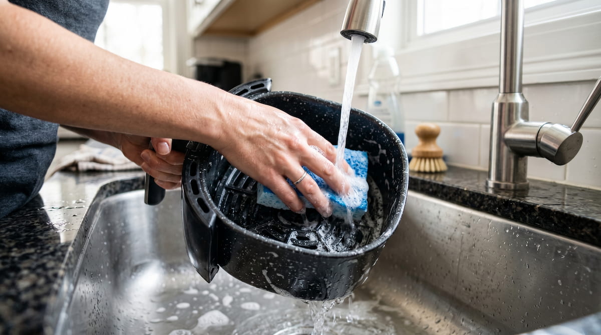 Soft sponge cleaning ceramic air fryer basket — proper care prevents unsafe basket damage