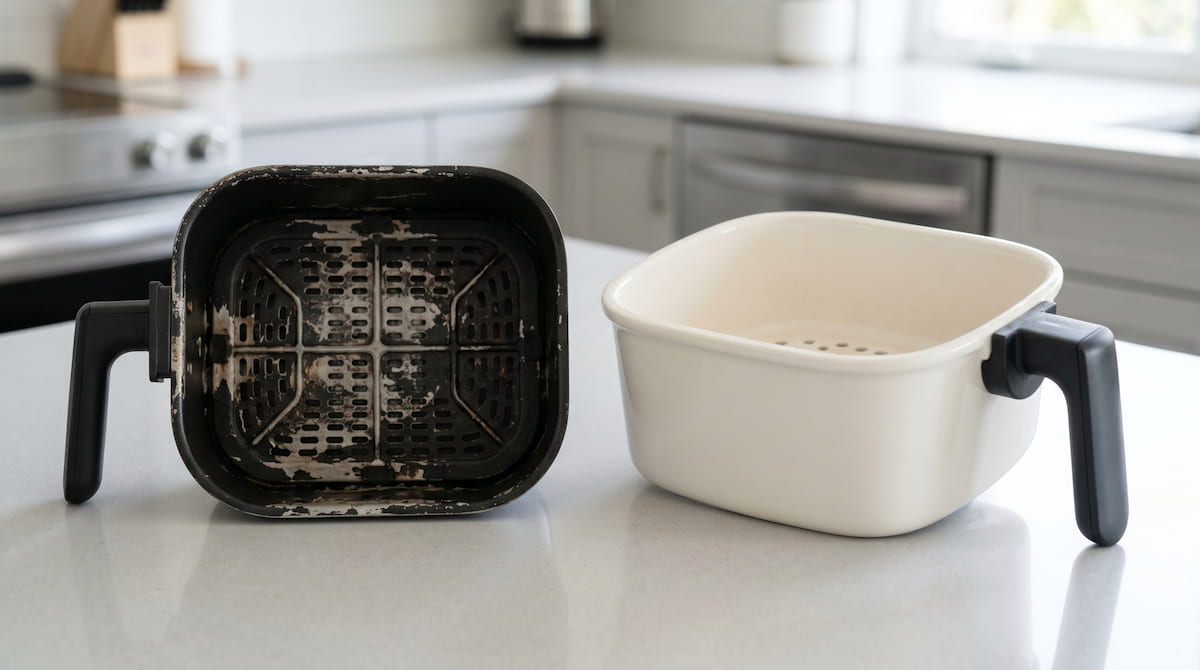 Damaged nonstick basket vs clean ceramic basket — air fryer basket unsafe signs comparison