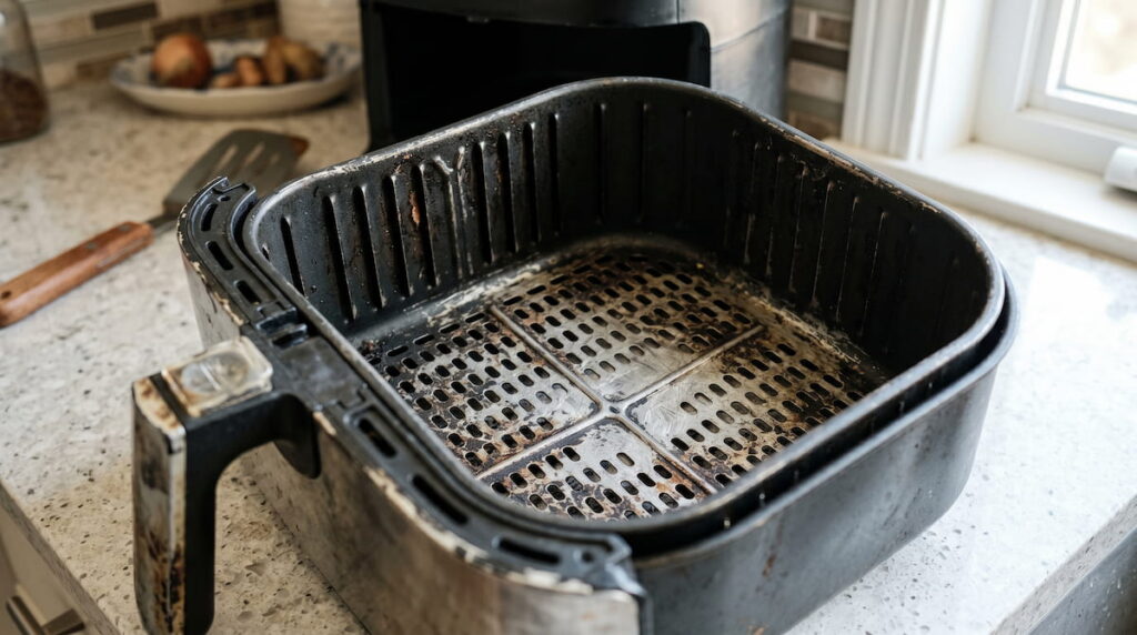 Worn damaged air fryer basket on kitchen counter — signs your air fryer basket is unsafe