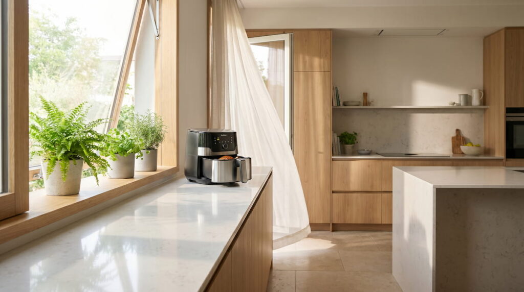 Bright kitchen with open window and air fryer — air fryer breathing safety guide