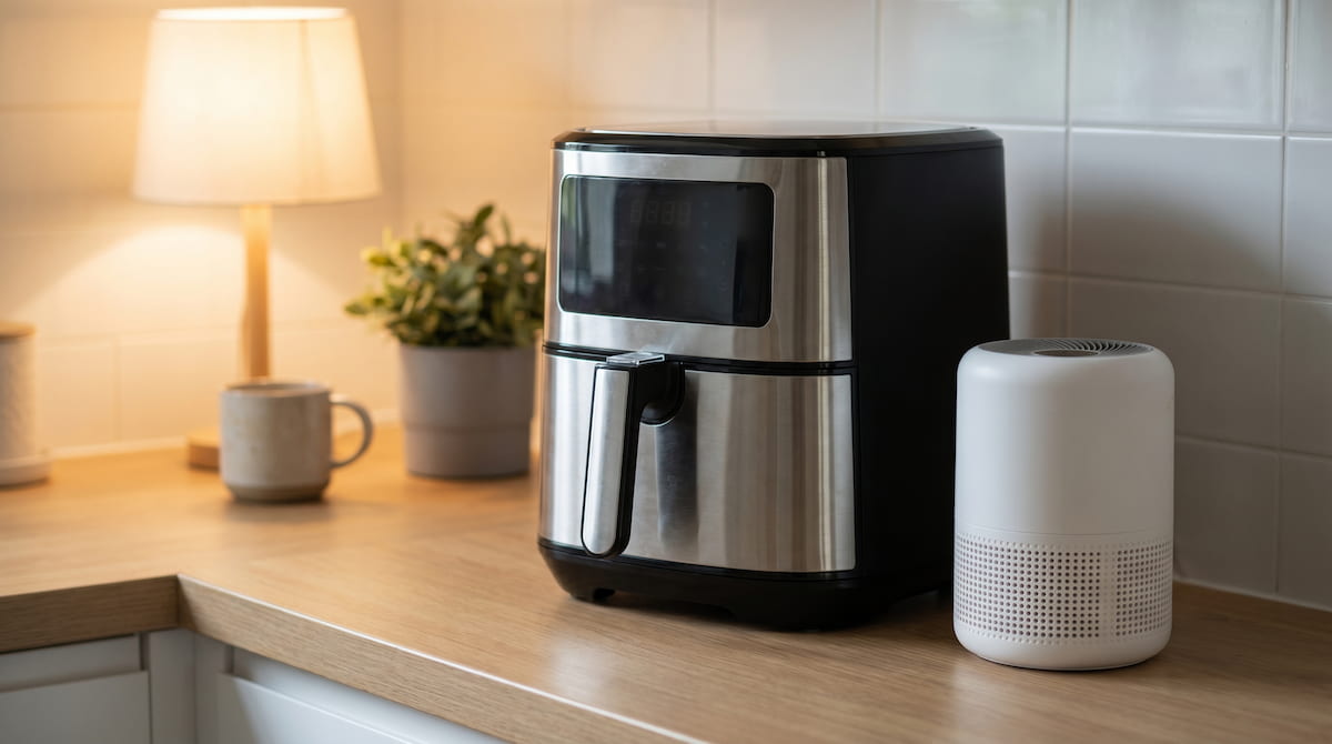 Air fryer next to air purifier on kitchen counter — protecting breathing safety during cooking