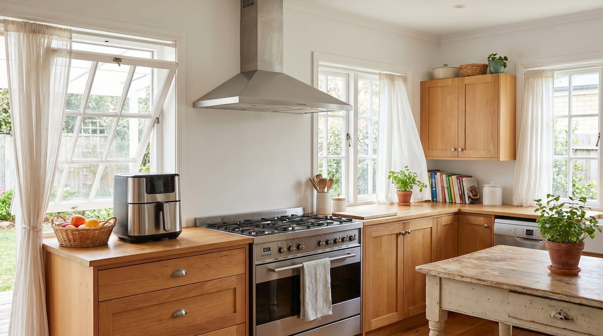 Kitchen with range hood and open window — air fryer breathing safety ventilation tips
