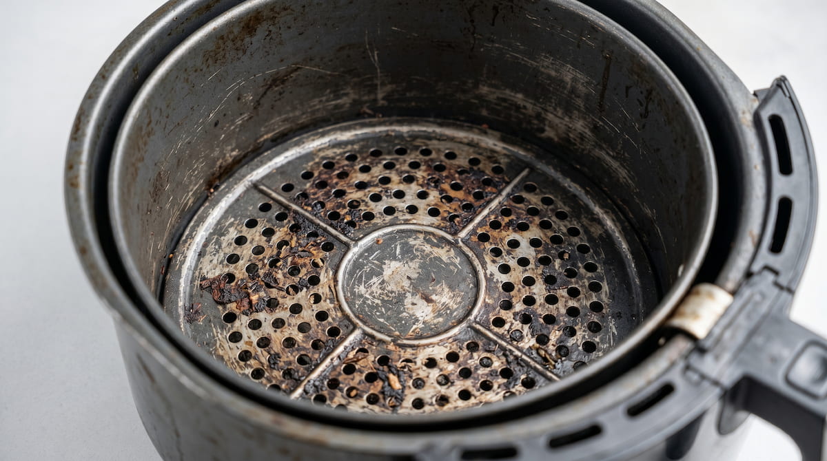 Worn air fryer basket coating — source of burnt plastic smell in air fryers