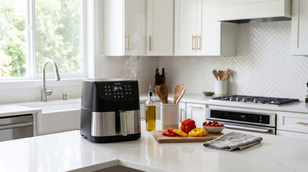 Air fryer on kitchen counter with steam — air fryer burnt plastic smell safety guide