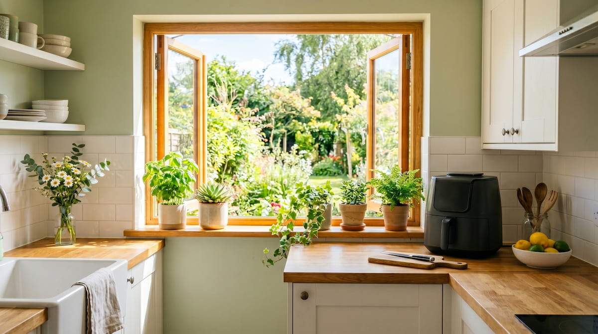Open kitchen window with air fryer on counter — ventilation helps with air fryer burnt plastic smell