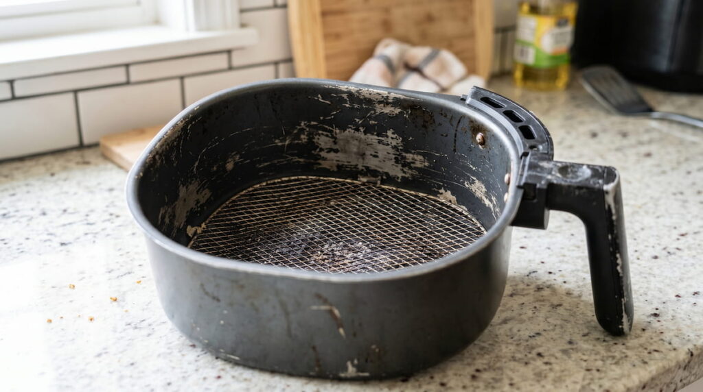 Damaged air fryer basket coating on kitchen counter — what to do when air fryer coating is damaged