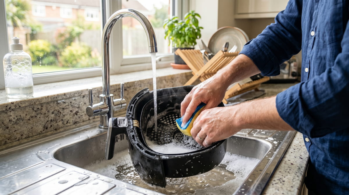 Careful hand washing of air fryer basket — preventing air fryer coating damage with proper cleaning