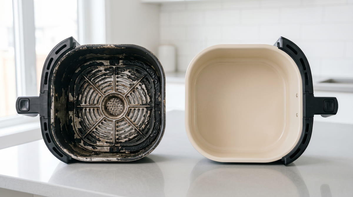 Damaged nonstick basket vs intact ceramic basket — upgrading when air fryer coating is damaged