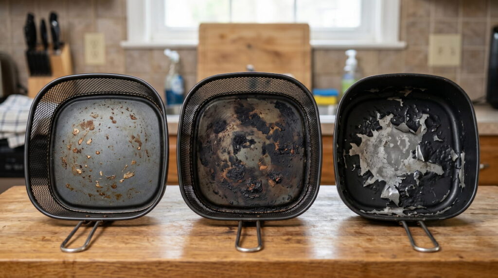 Air fryer basket with coating discoloration and heat stains
