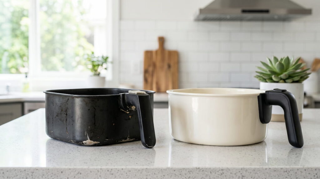 Two air fryer baskets on kitchen counter — how long does air fryer coating last guide