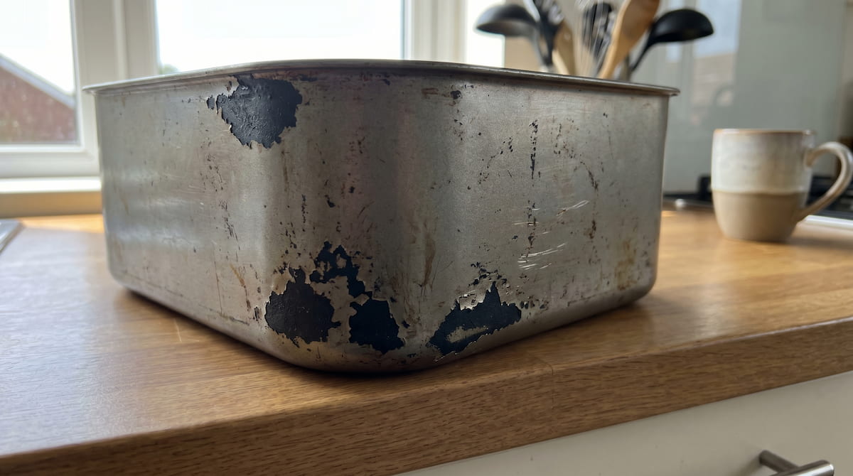Peeling nonstick coating inside an air fryer basket near the corners