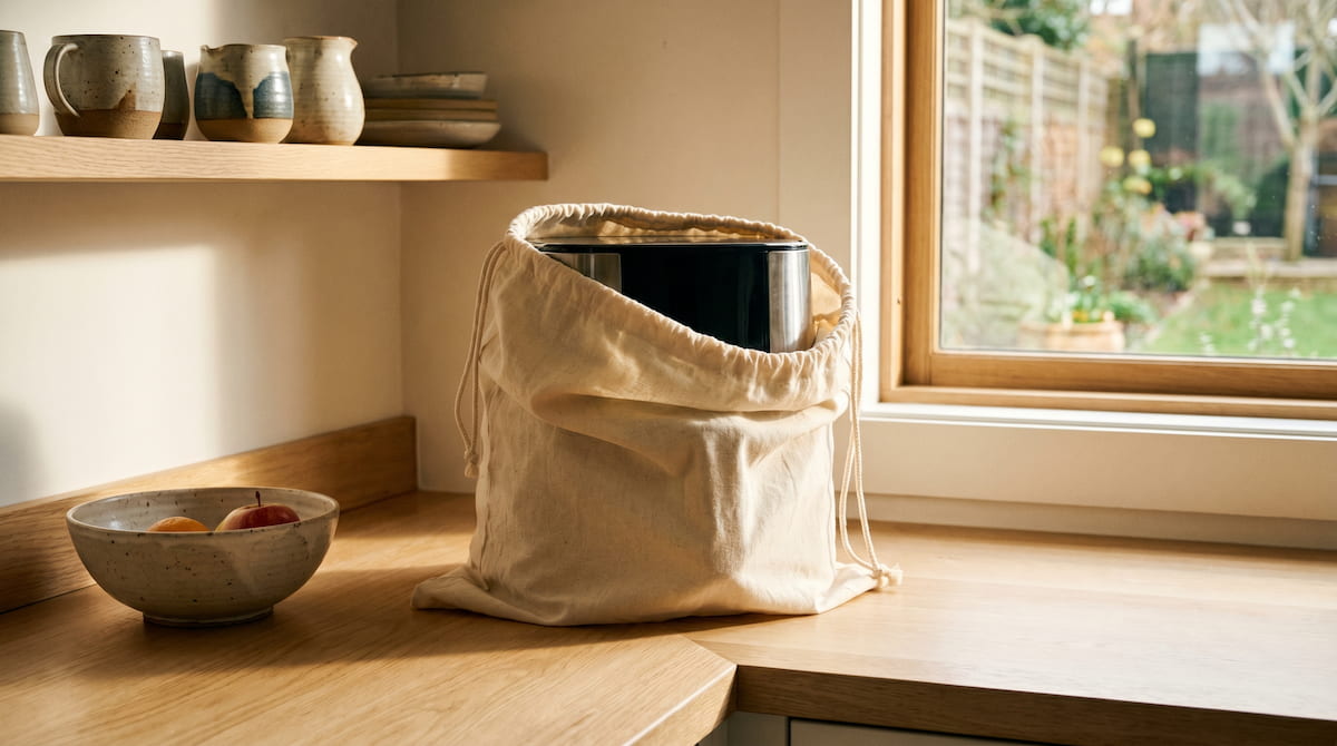 air fryer stored in dust cover bag for safe long term storage