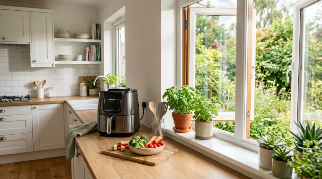 Bright kitchen with open window and air fryer — air fryer fumes asthma safety guide