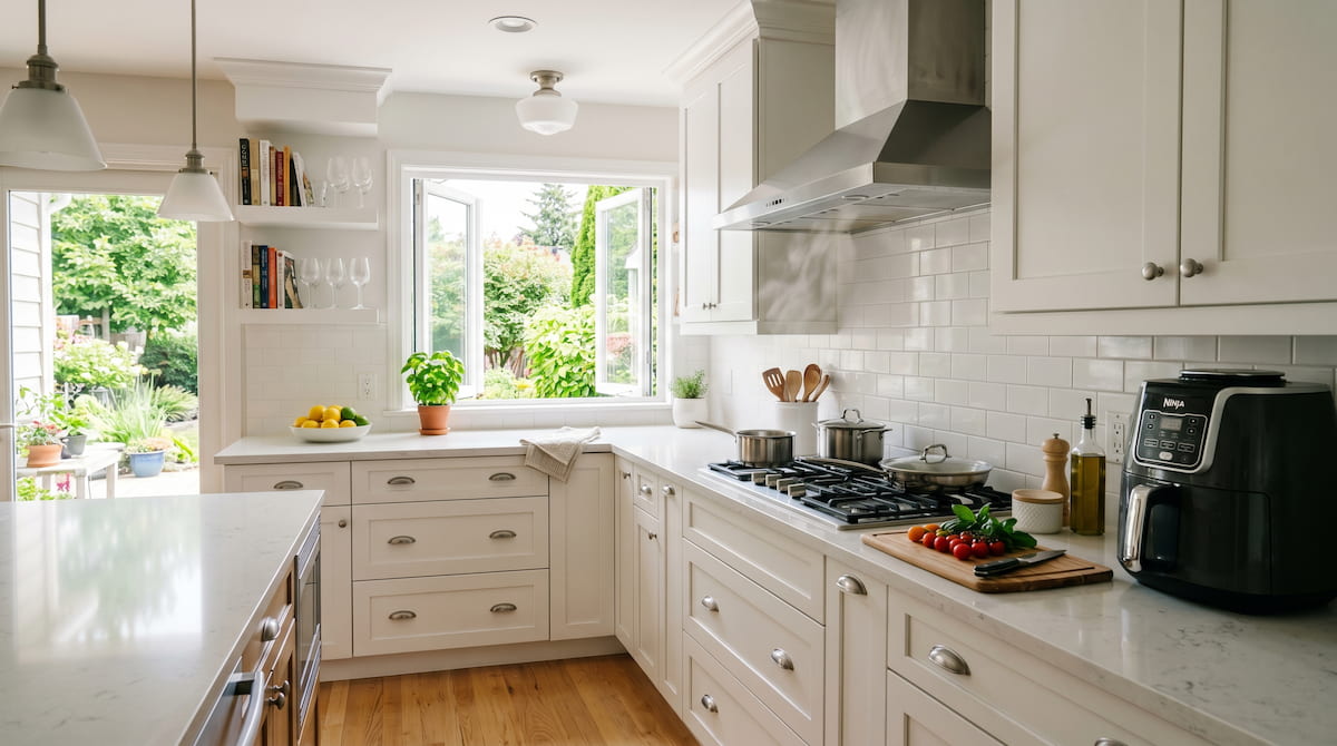 Kitchen with range hood and open window — reducing air fryer fumes for asthma sufferers