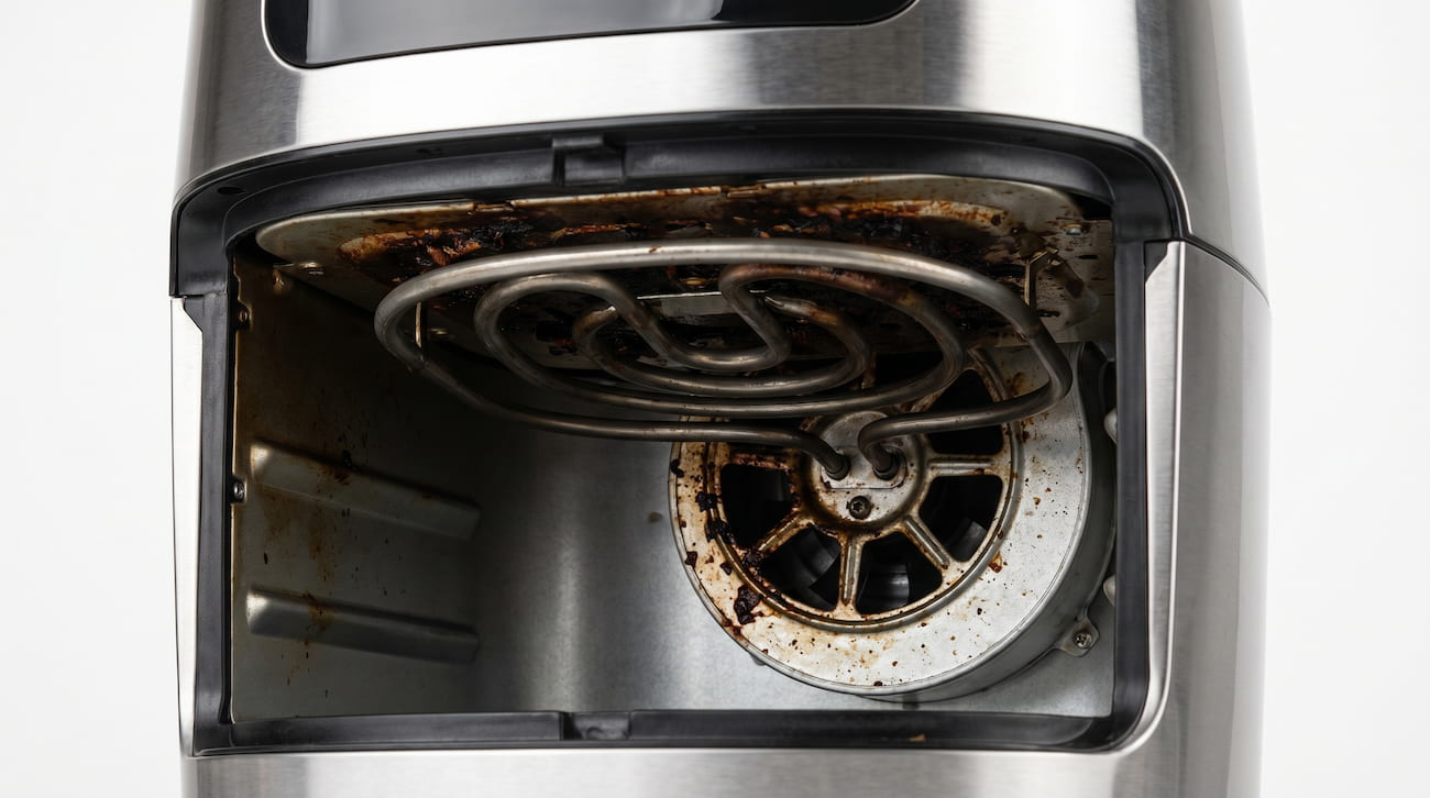 air fryer heating element hidden grease causing smell after cleaning