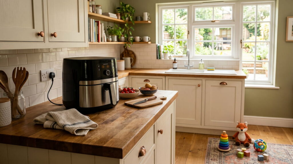 Family kitchen with air fryer and baby items — is air fryer safe around babies guide