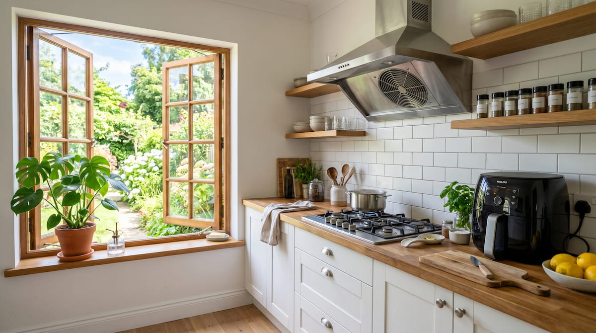 Well ventilated kitchen with air fryer — keeping air safe for babies during cooking