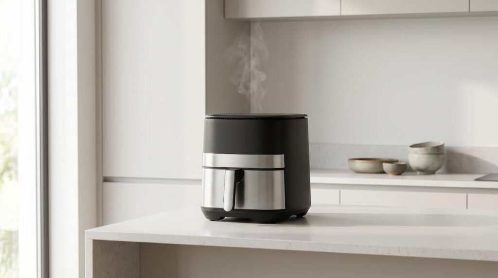 Air fryer with steam rising — is air fryer smoke toxic safety guide
