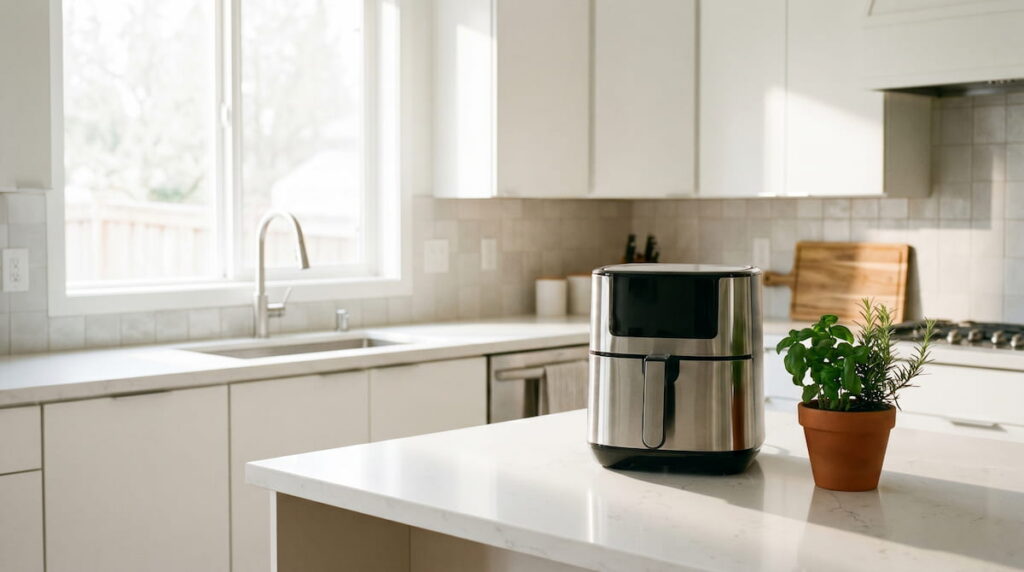 Air fryer on kitchen countertop with natural light — air fryer VOCs safety guide
