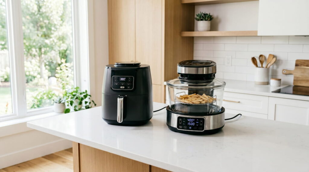 Two non-toxic air fryers on kitchen counter — best air fryer for asthma sufferers guide 2026