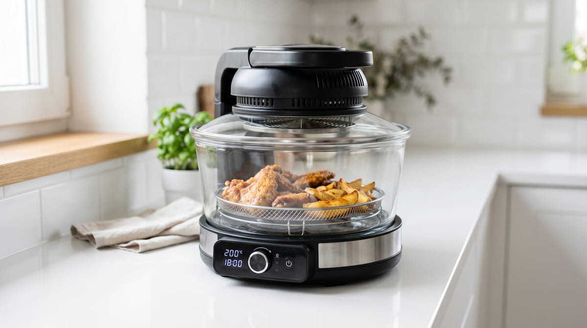 Glass air fryer with transparent cooking chamber — best air fryer for asthma glass option