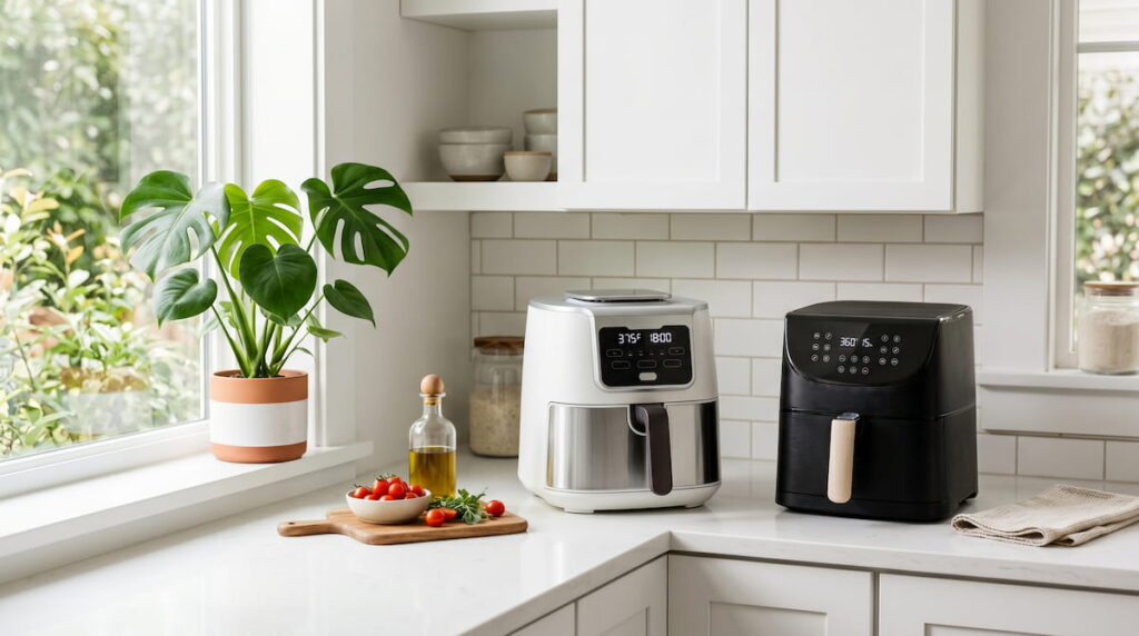Non-toxic air fryers on kitchen counter — best air fryer for sensitive lungs guide 2026