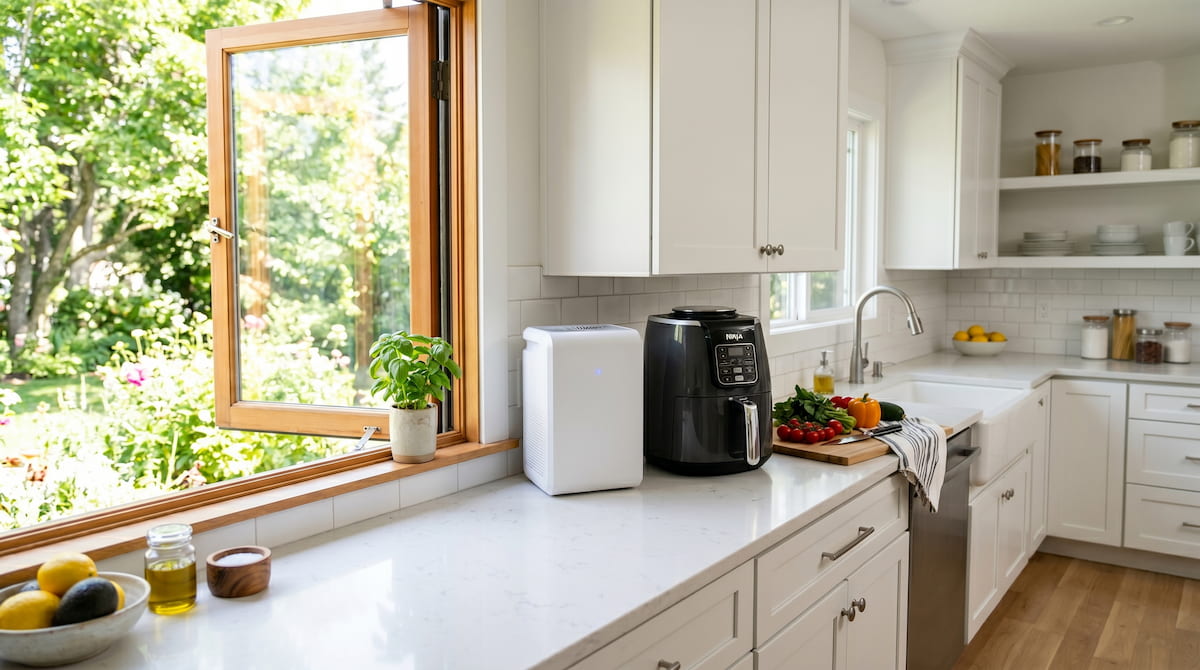Air fryer and HEPA purifier in bright kitchen — protecting sensitive lungs during cooking