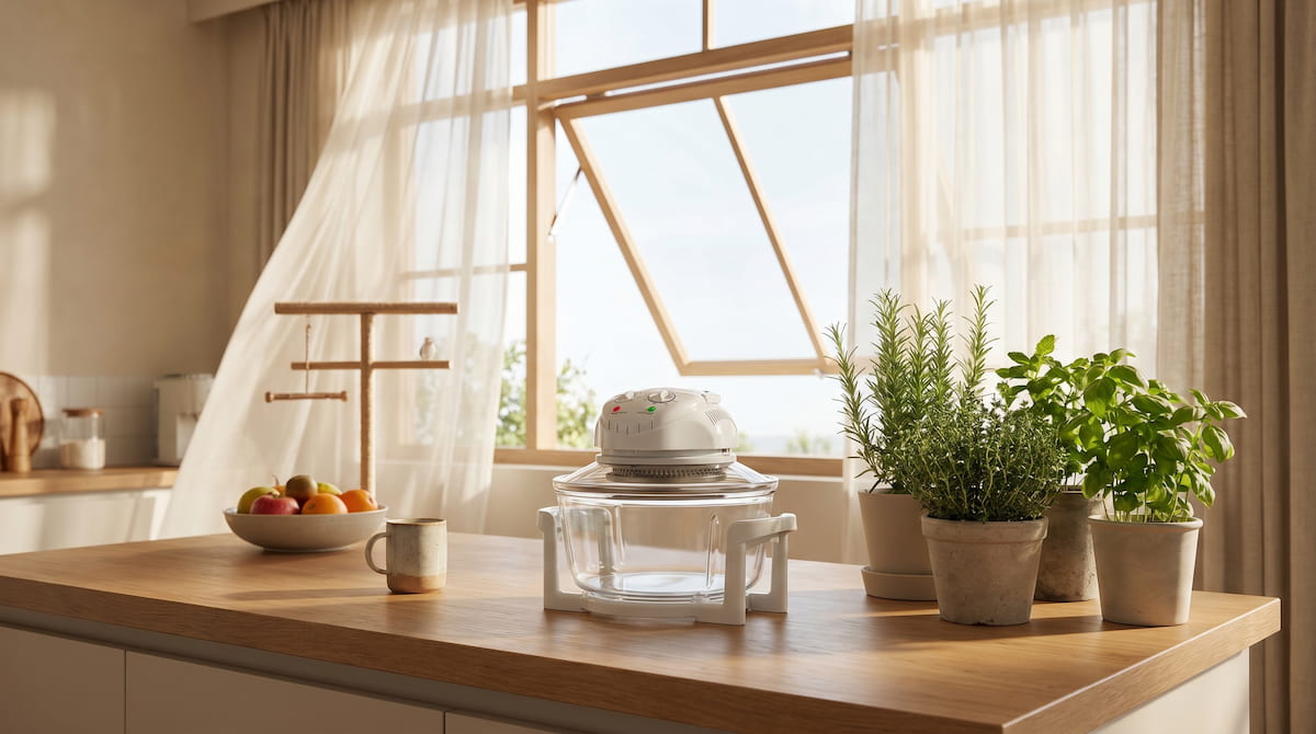 bird safe kitchen with glass air fryer open windows ventilation setup