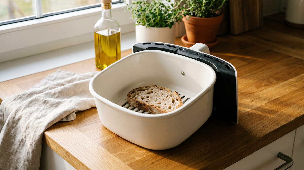 bread slice in air fryer basket to absorb grease and prevent smoking