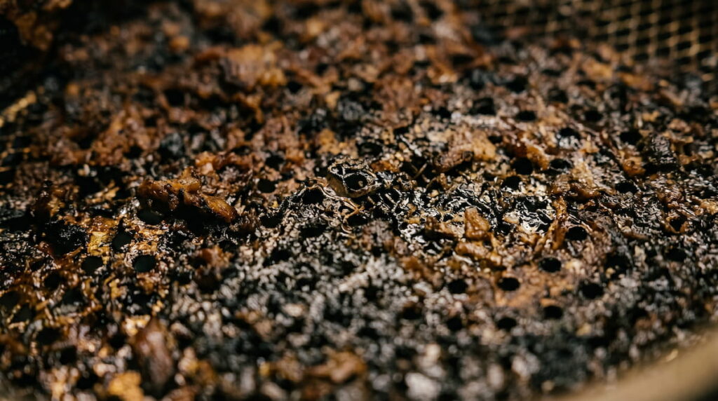Burnt oil residue inside an air fryer basket