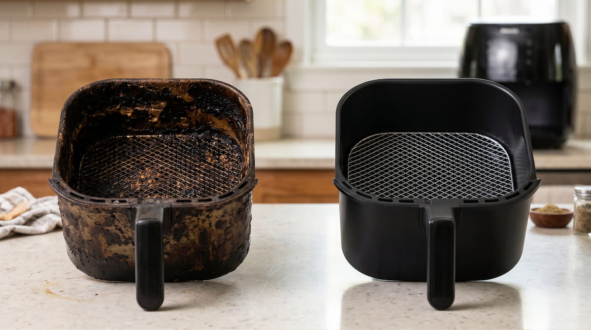 Burnt oil buildup inside an air fryer basket