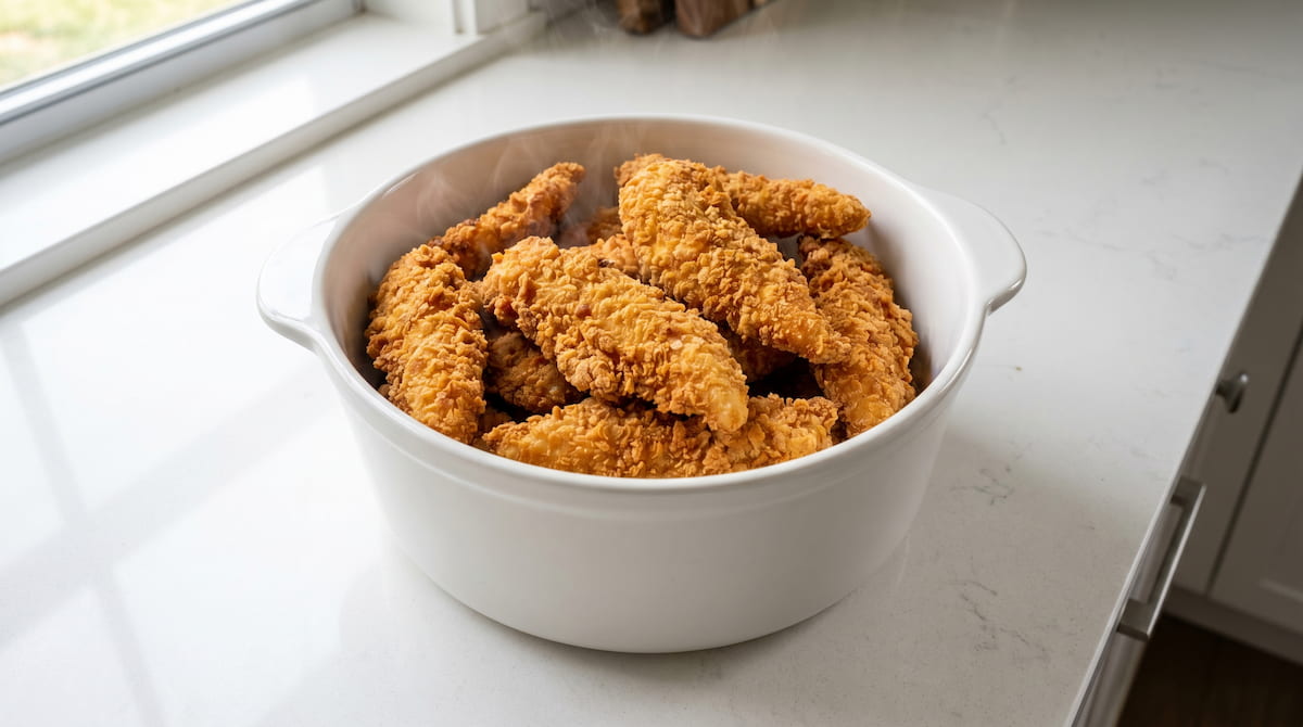 ceramic air fryer basket with crispy chicken strips cooked perfectly