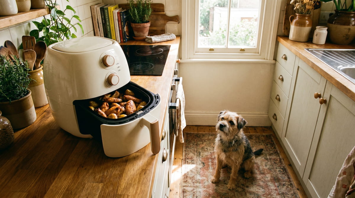 ceramic air fryer cooking with small dog watching safely in kitchen