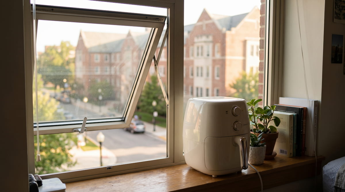 ceramic air fryer dorm room window open campus view permitted safe use