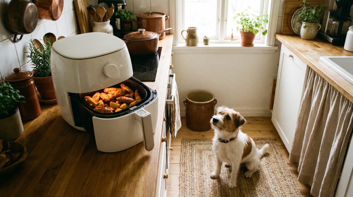ceramic air fryer with small dog nearby safe pet household kitchen cooking