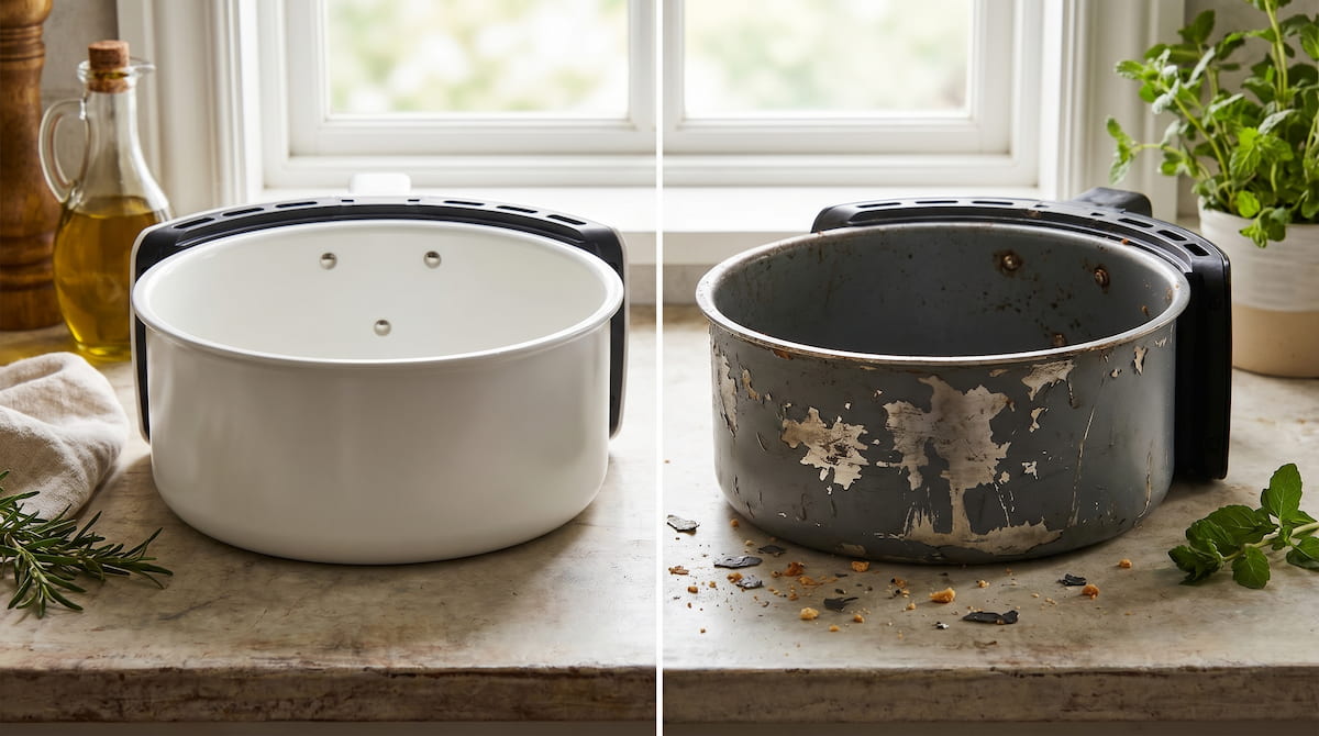Ceramic and PTFE air fryer baskets showing different coating conditions