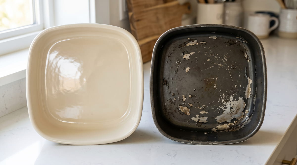 Ceramic and PTFE air fryer baskets showing different coating wear patterns