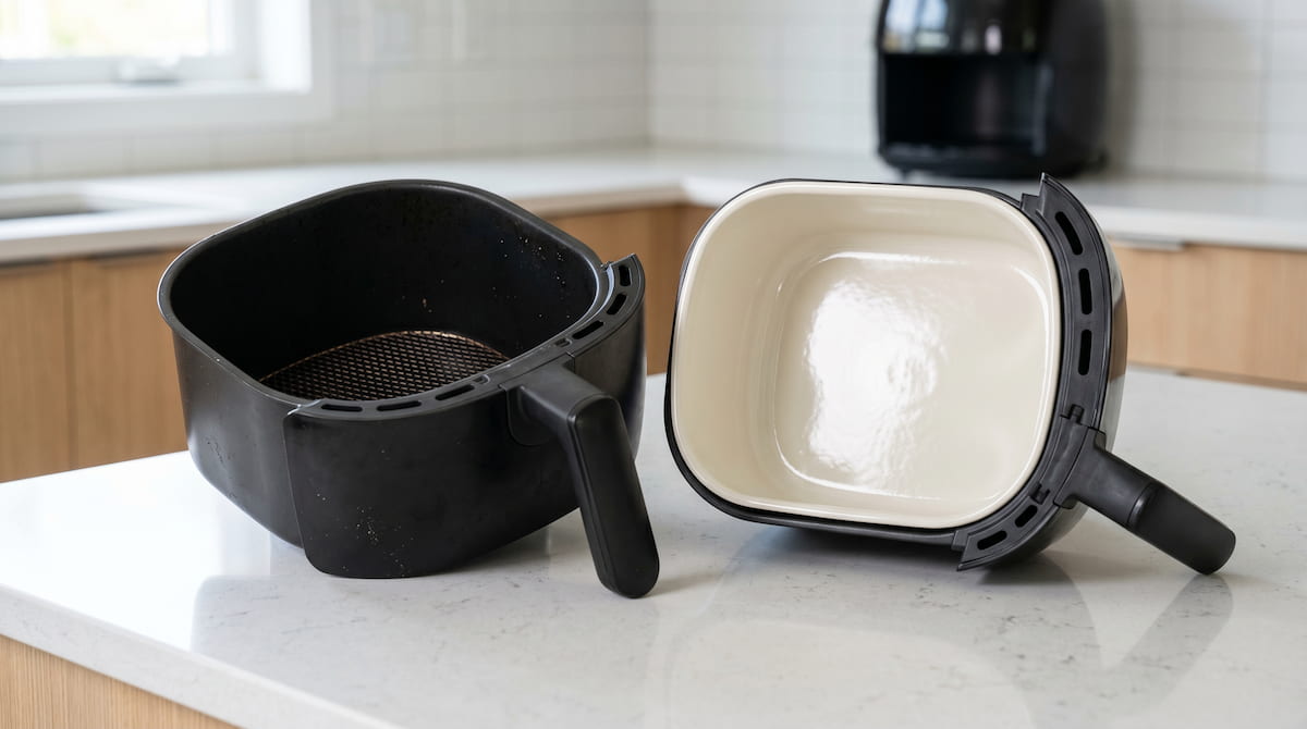 Ceramic vs nonstick air fryer basket comparison — chemicals air fryers release by material type