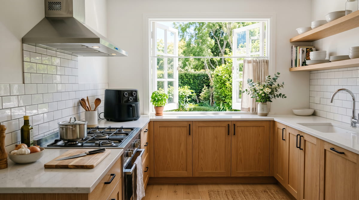 Well-ventilated kitchen with air fryer — reducing chemical exposure during cooking