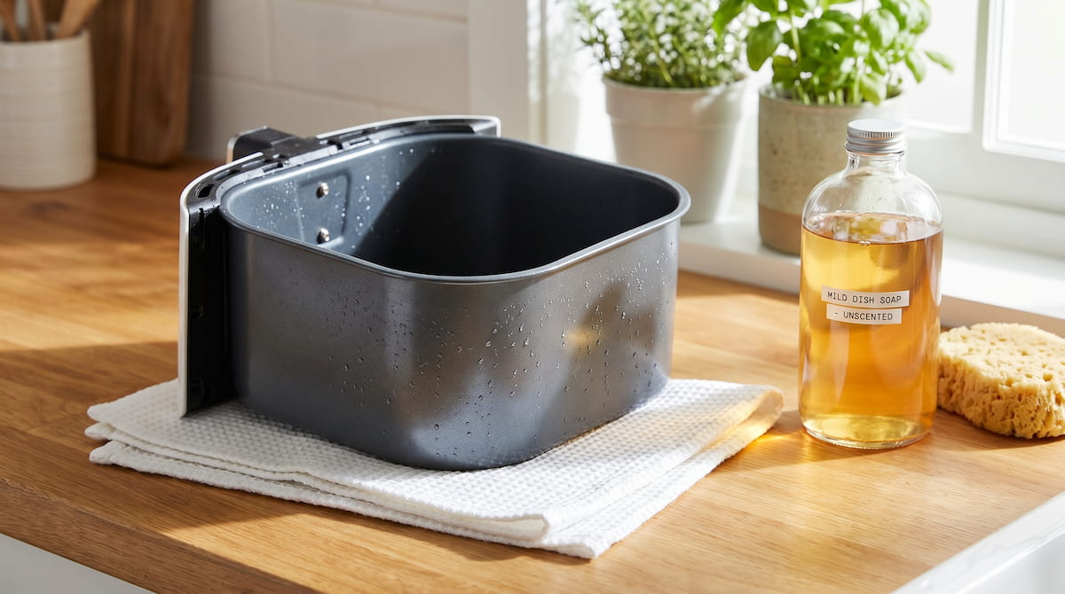 clean ceramic air fryer basket with dish soap for odor removal