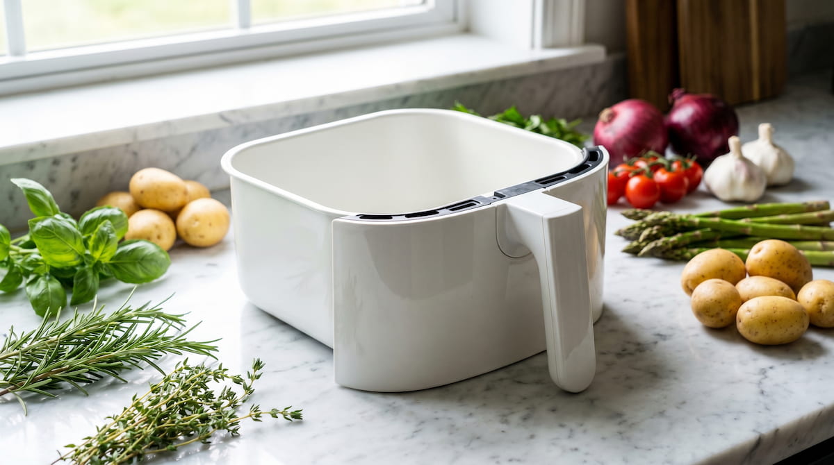 clean ceramic air fryer basket with no plastic smell fresh vegetables