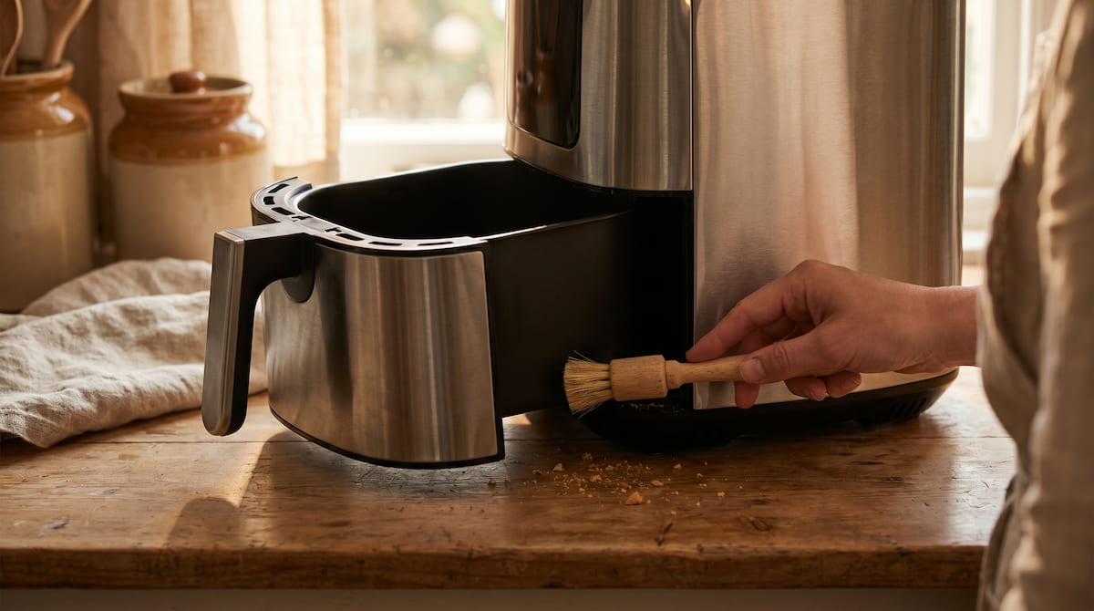 cleaning hidden areas of air fryer to eliminate persistent smell after washing
