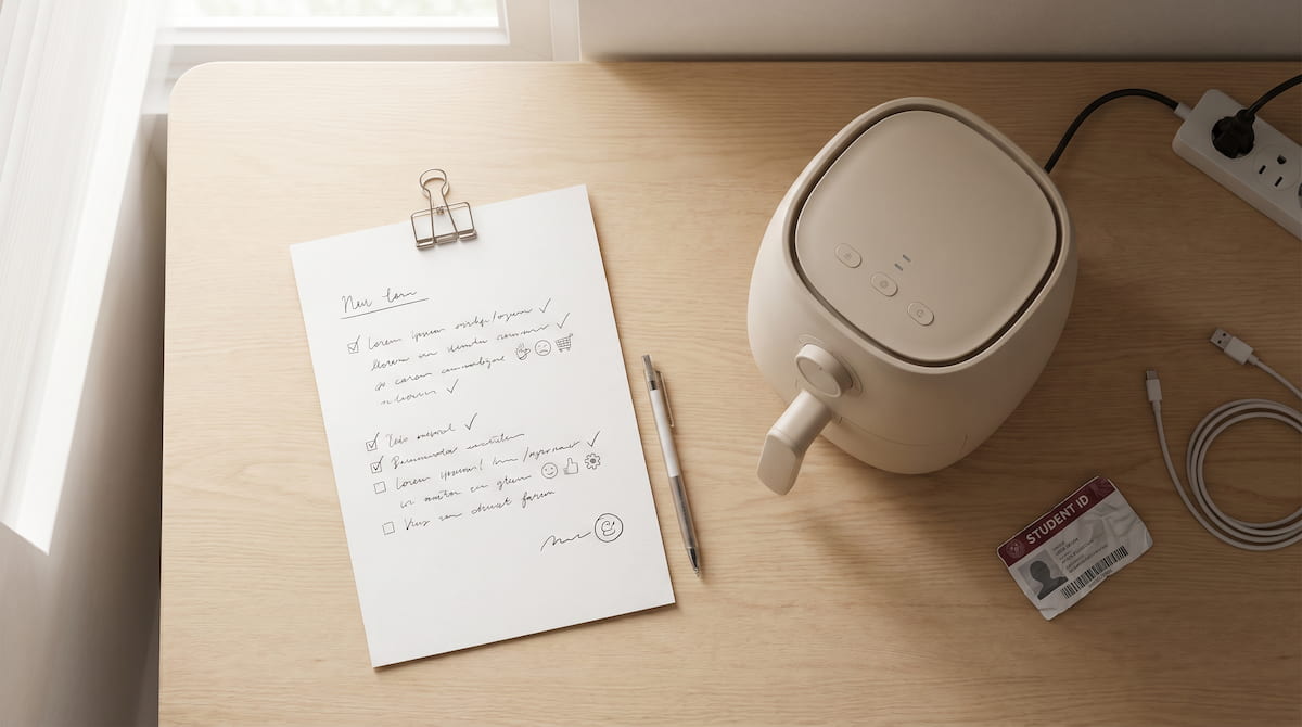 dorm room appliance rules checklist next to compact ceramic air fryer policy check