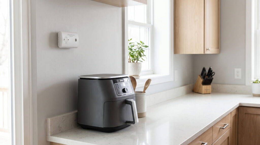 air fryer near carbon monoxide detector mounted on kitchen wall