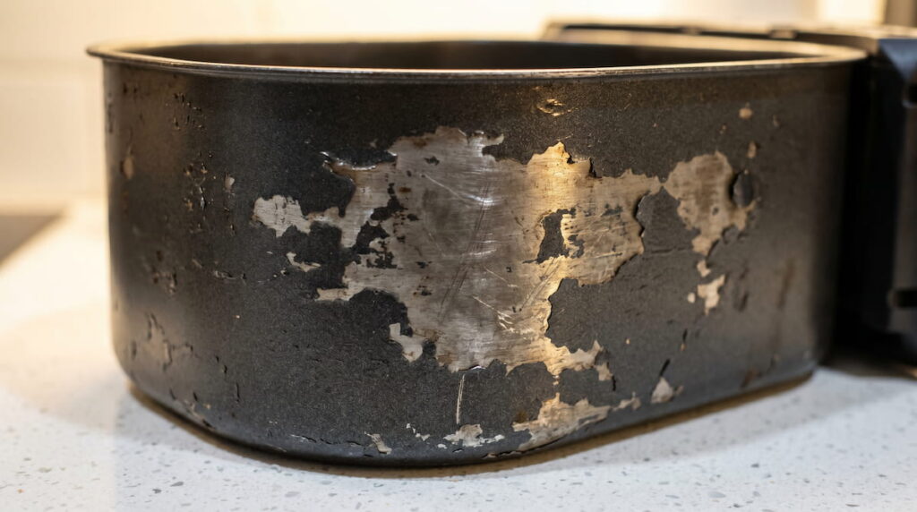 air fryer coating peeling off basket close up view