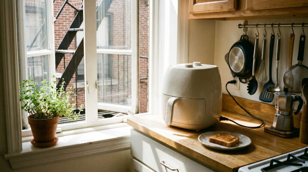 compact ceramic air fryer on small apartment kitchen counter open window safe