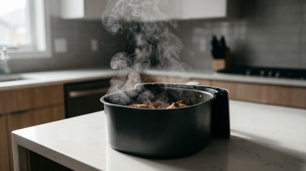 air fryer releasing fumes smoke from nonstick basket during cooking