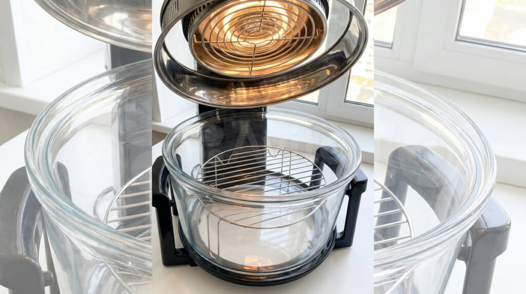 glass air fryer open lid showing bowl rack and heating element components