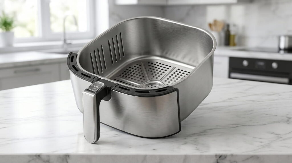 best air fryer with stainless steel basket on kitchen counter